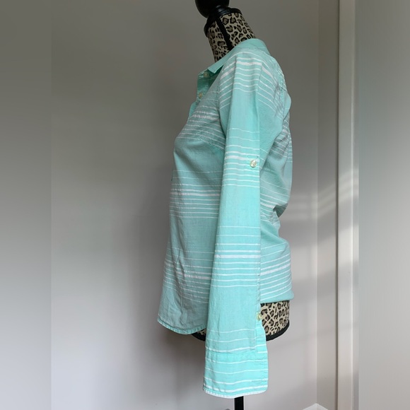 Vineyard Vines Women's Sz 0 Cotton Blend Striped Popover Teal Roll Tab - Picture 6 of 8